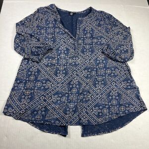 Lucky Brand V-Neck Peasant Top Paisley 3/4 Sleeve Casual Split Back Hem Shirt 1X